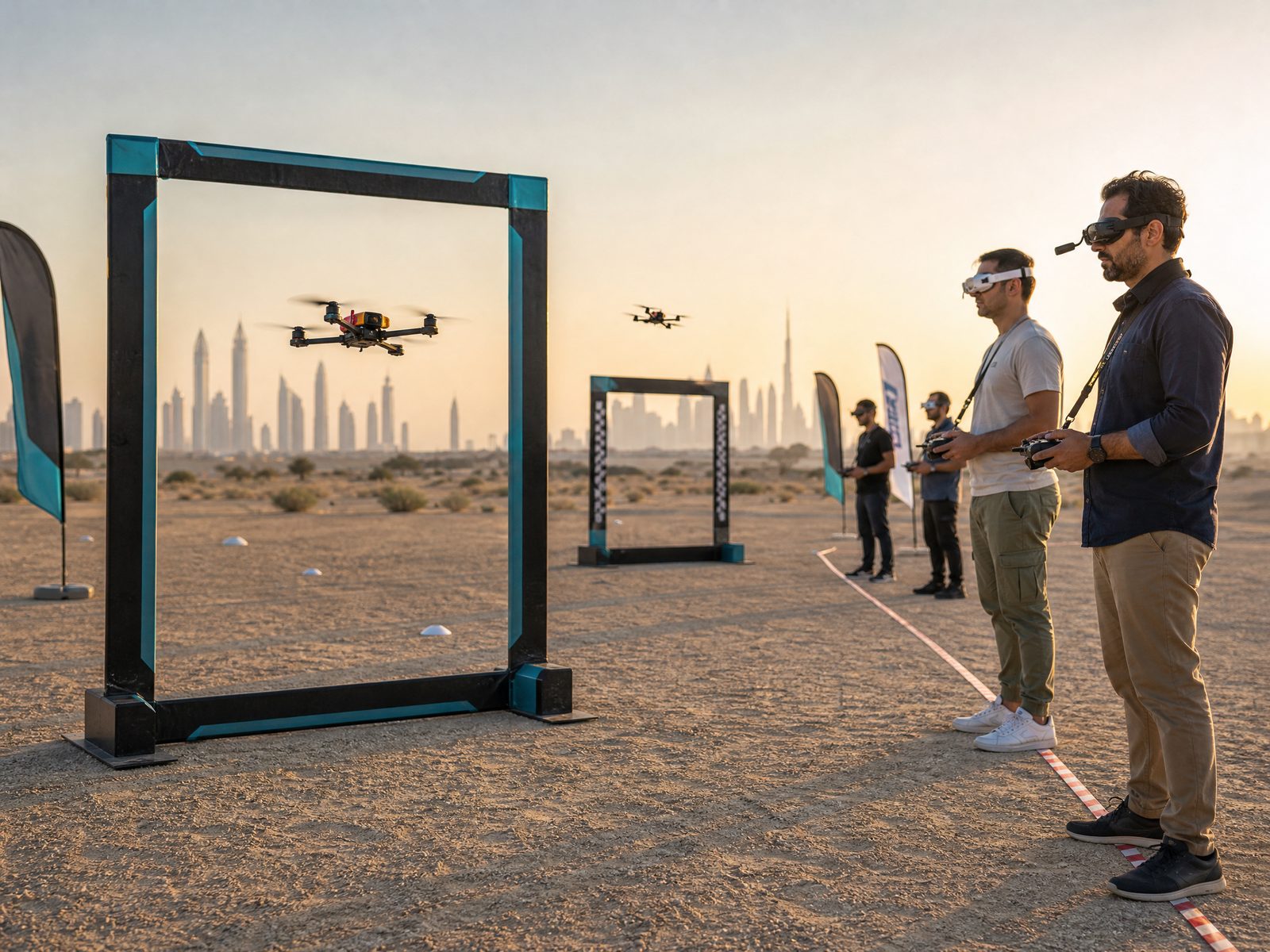 Adult pilots operating small drones in a safe outdoor UAE competition course.