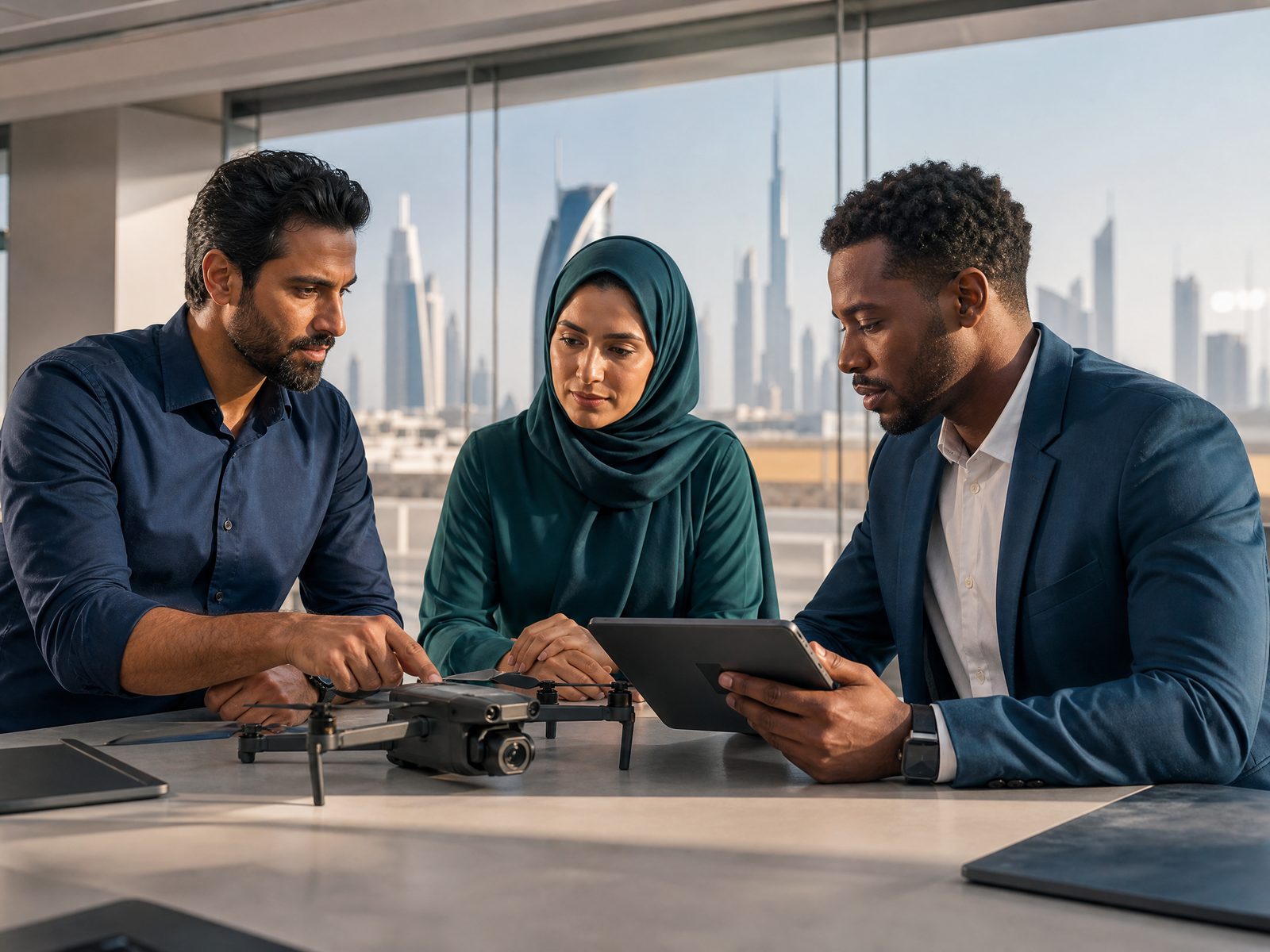 Aviation professionals discussing an unbranded drone in a contemporary UAE workspace.