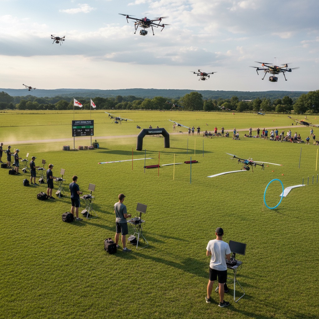 Operators stand in a line on a grassy field using remote controls to fly multiple drones through an outdoor obstacle course.